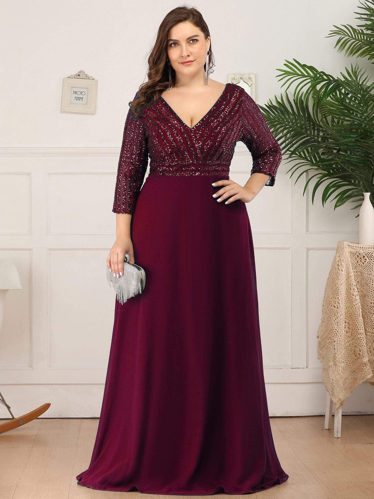 Custom Size Sexy V Neck A-Line Sequin Evening Dresses with 3/4 Sleeve