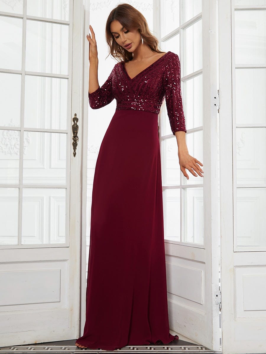 Custom Size Sexy V Neck A-Line Sequin Evening Dresses with 3/4 Sleeve