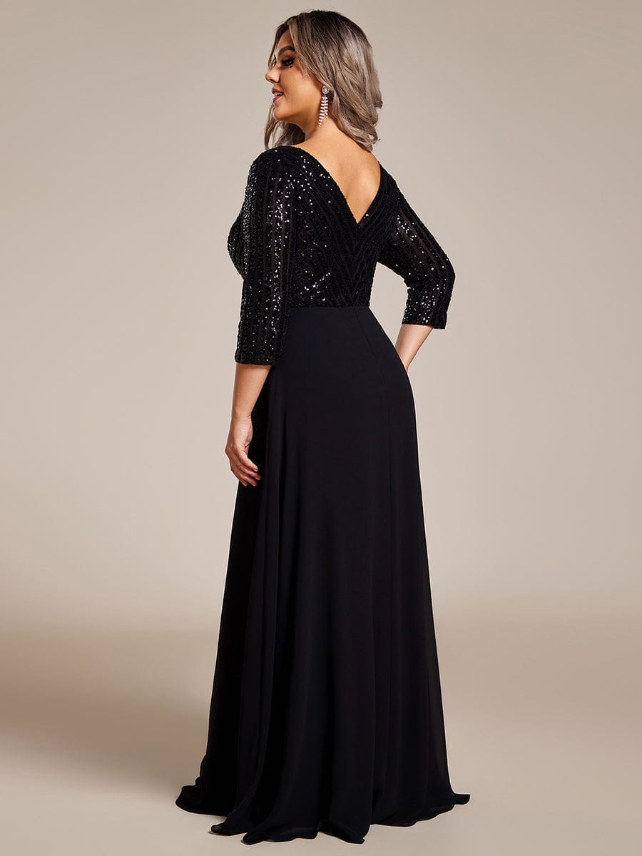 Sexy V Neck A-Line Sequin Evening Dresses with 3/4 Sleeve