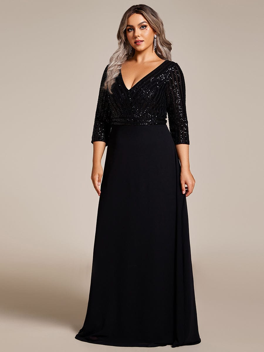 Plus Size Sexy V Neck A-Line Sequin Evening Dress with Sleeve