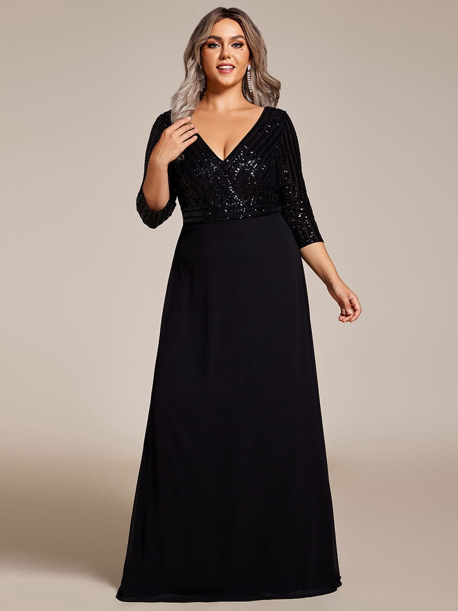 Sexy V Neck A-Line Sequin Evening Dresses with 3/4 Sleeve