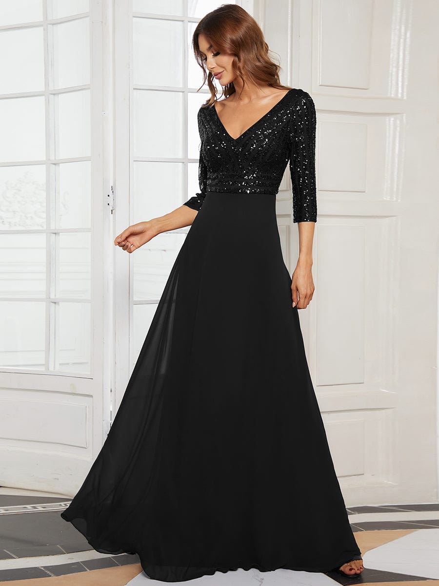 Sexy V Neck A-Line Sequin Evening Dresses with 3/4 Sleeve