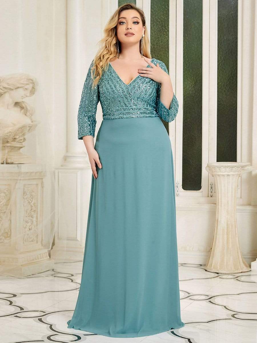 Plus Size Sexy V Neck A-Line Sequin Evening Dress with Sleeve