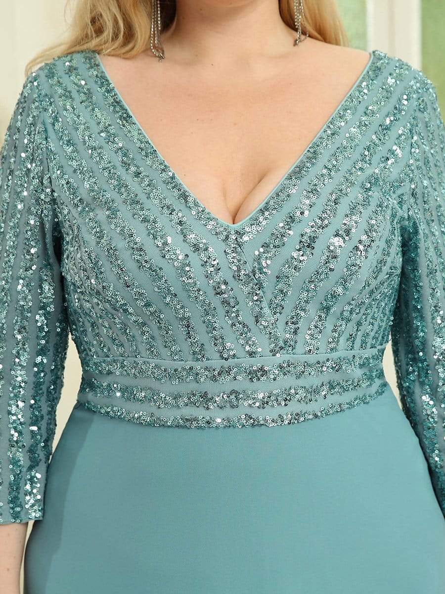 Sexy V Neck A-Line Sequin Evening Dresses with 3/4 Sleeve