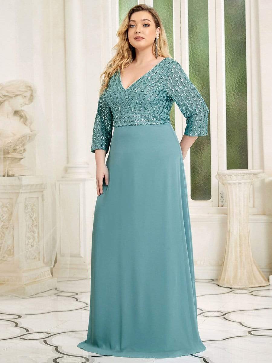 Sexy V Neck A-Line Sequin Evening Dresses with 3/4 Sleeve