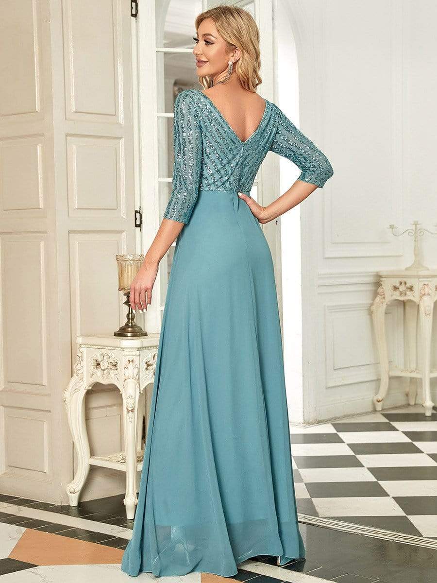 Sexy V Neck A-Line Sequin Evening Dresses with 3/4 Sleeve