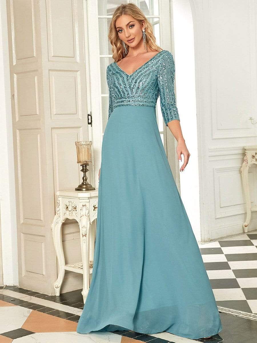 Sexy V Neck A-Line Sequin Evening Dresses with 3/4 Sleeve