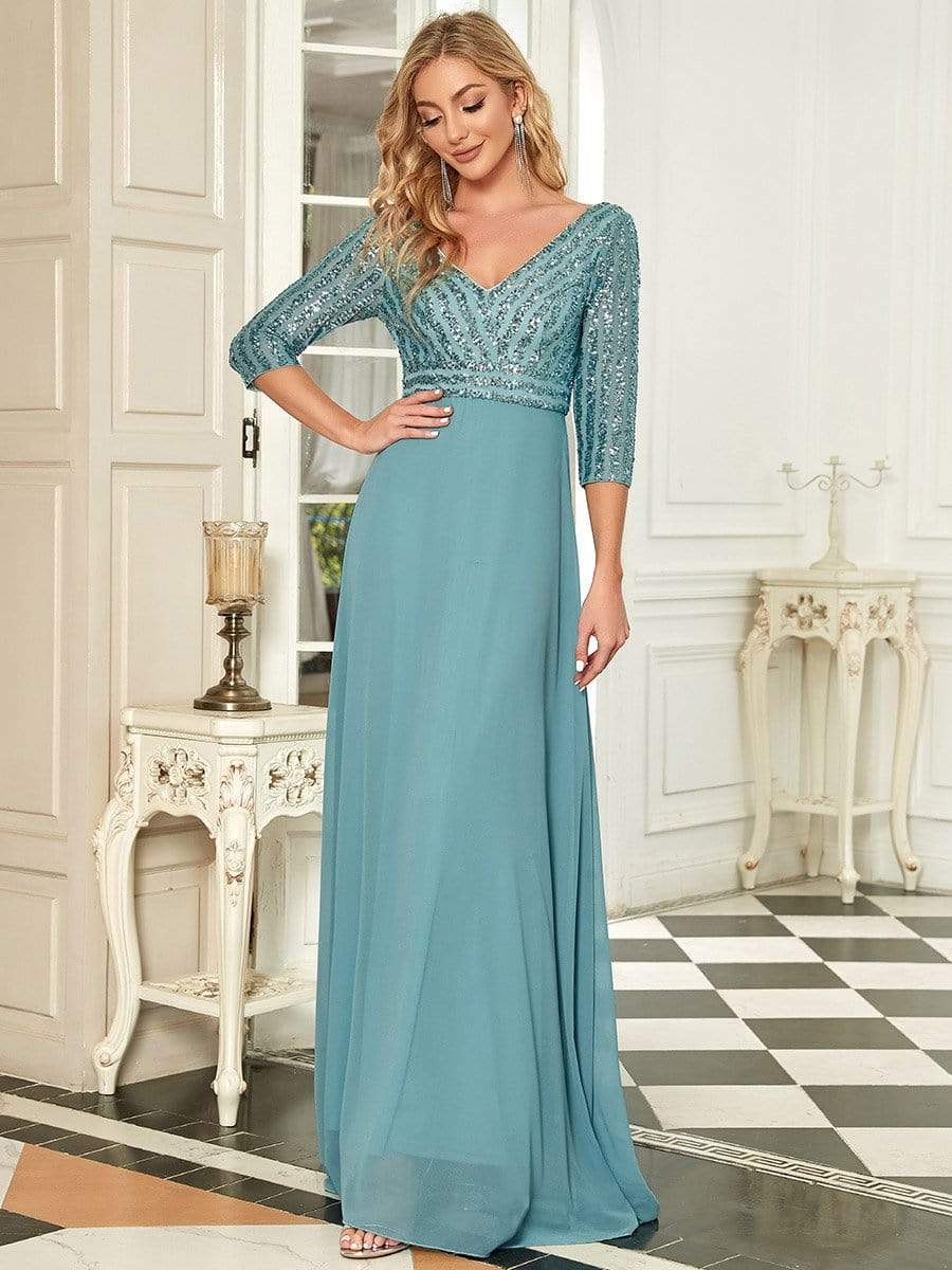 Custom Size Sexy V Neck A-Line Sequin Evening Dresses with 3/4 Sleeve