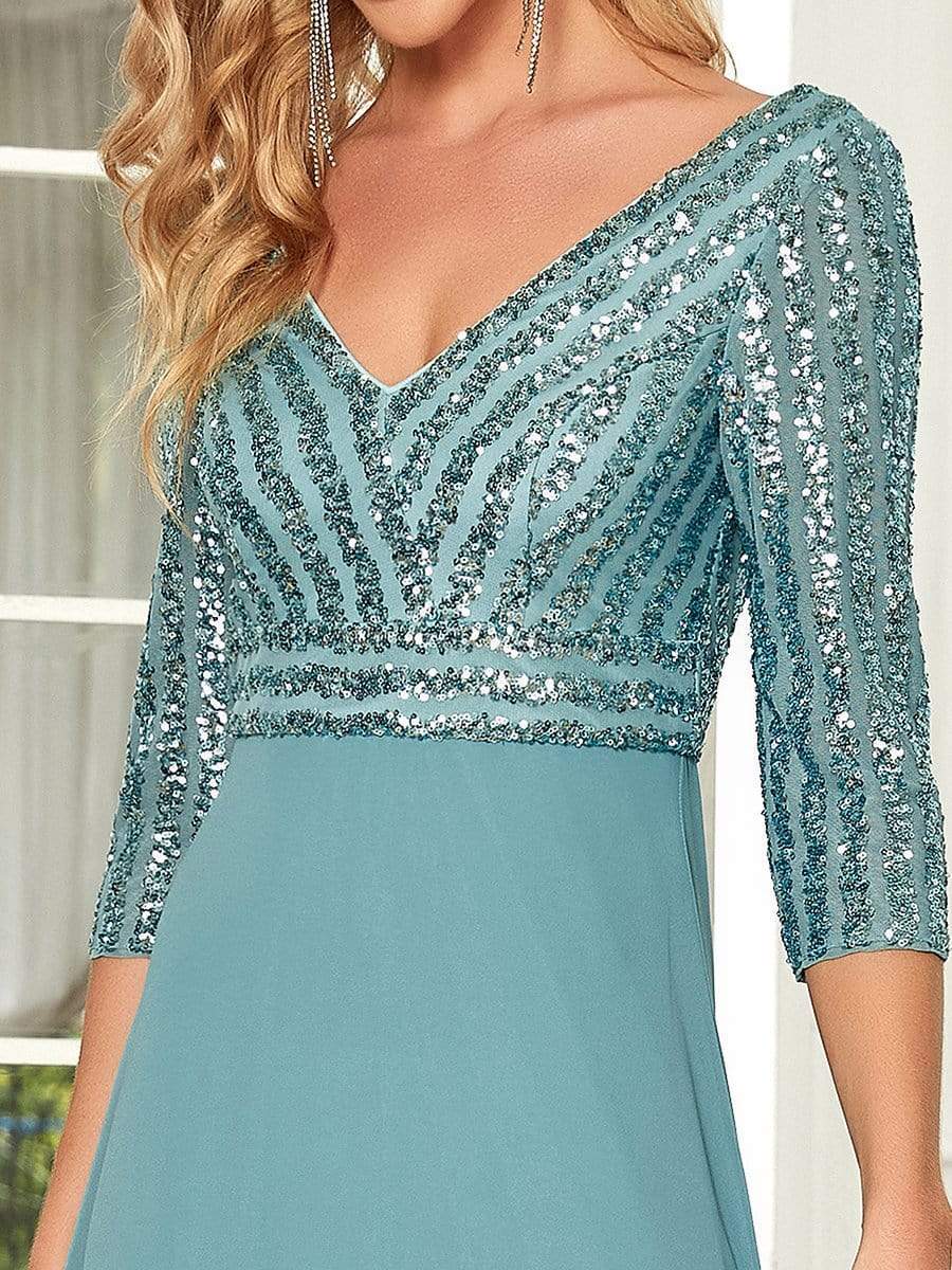 Custom Size Sexy V Neck A-Line Sequin Evening Dresses with 3/4 Sleeve