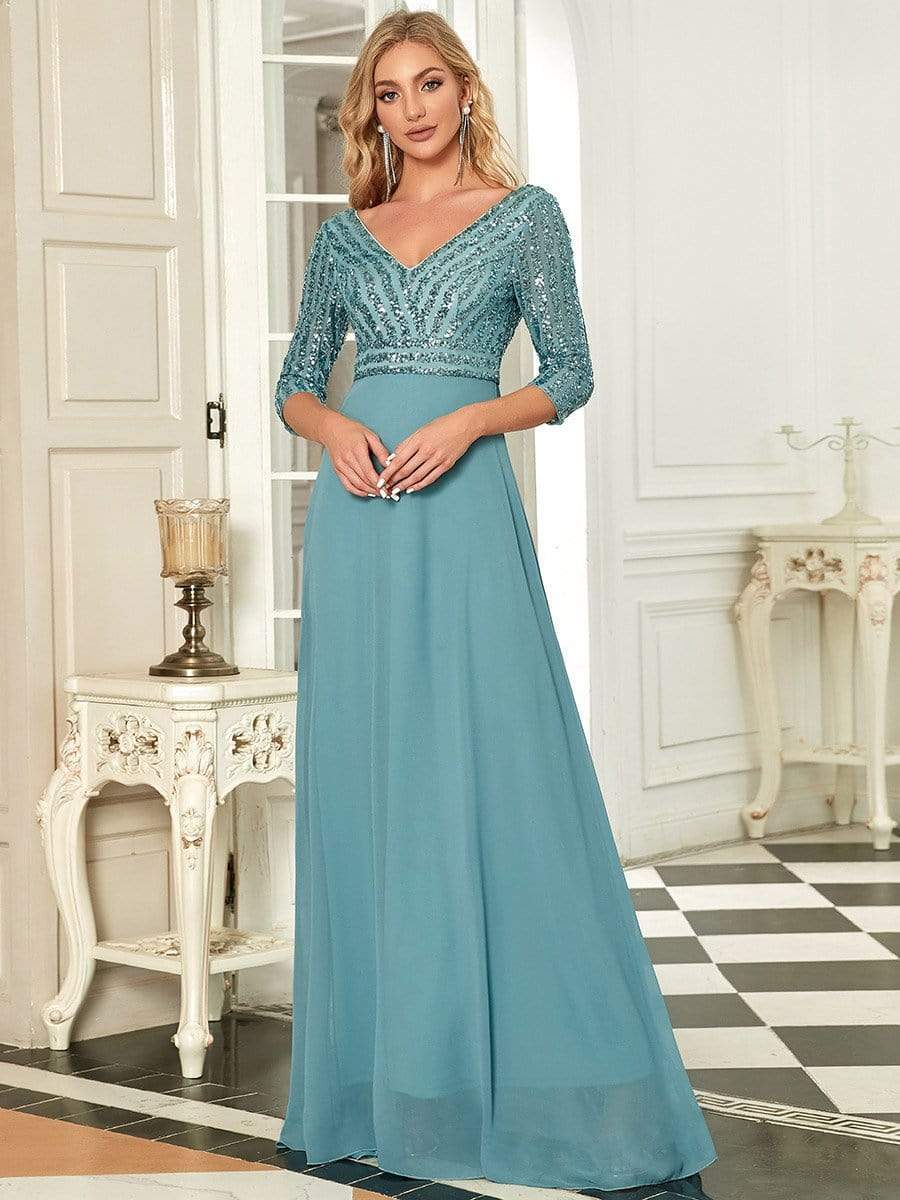 Sexy V Neck A-Line Sequin Evening Dresses with 3/4 Sleeve