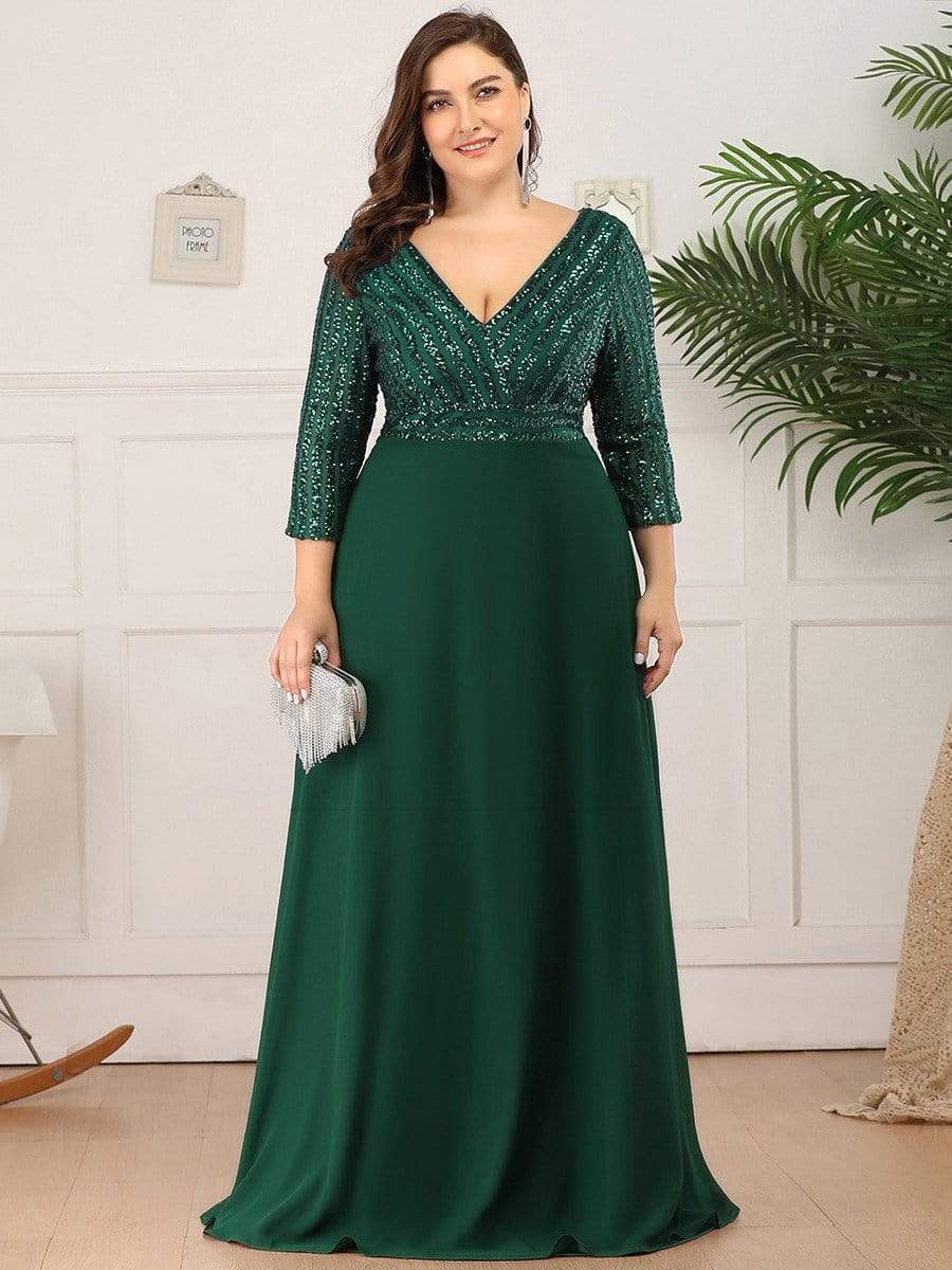 Custom Size Sexy V Neck A-Line Sequin Evening Dresses with 3/4 Sleeve