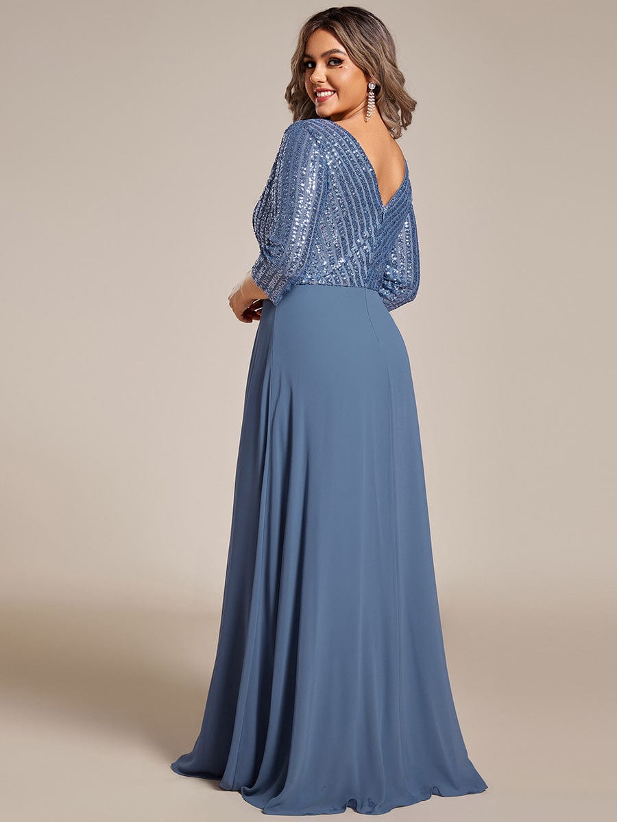 Sexy V Neck A-Line Sequin Evening Dresses with 3/4 Sleeve