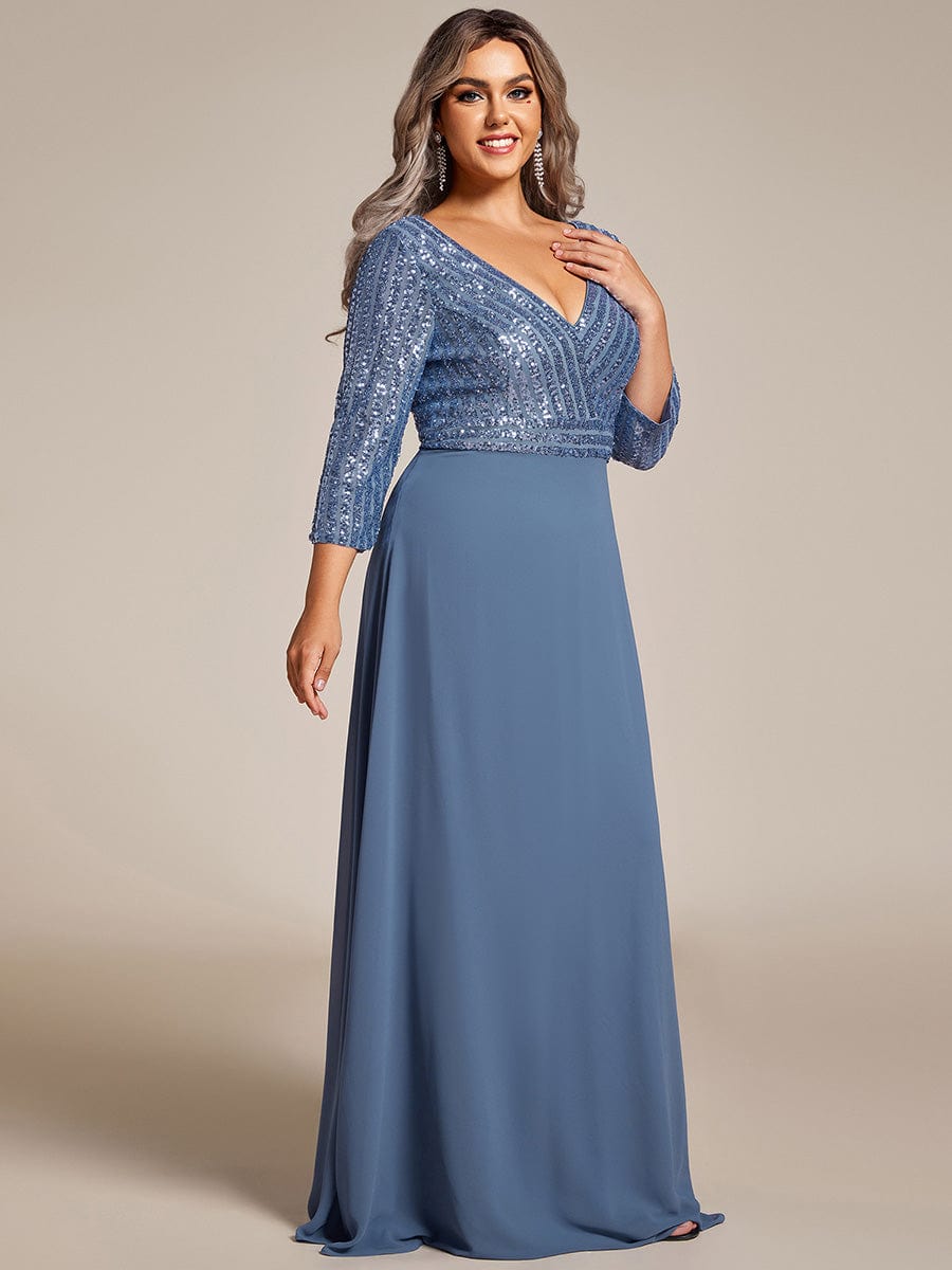 Plus Size Sexy V Neck A-Line Sequin Evening Dress with Sleeve