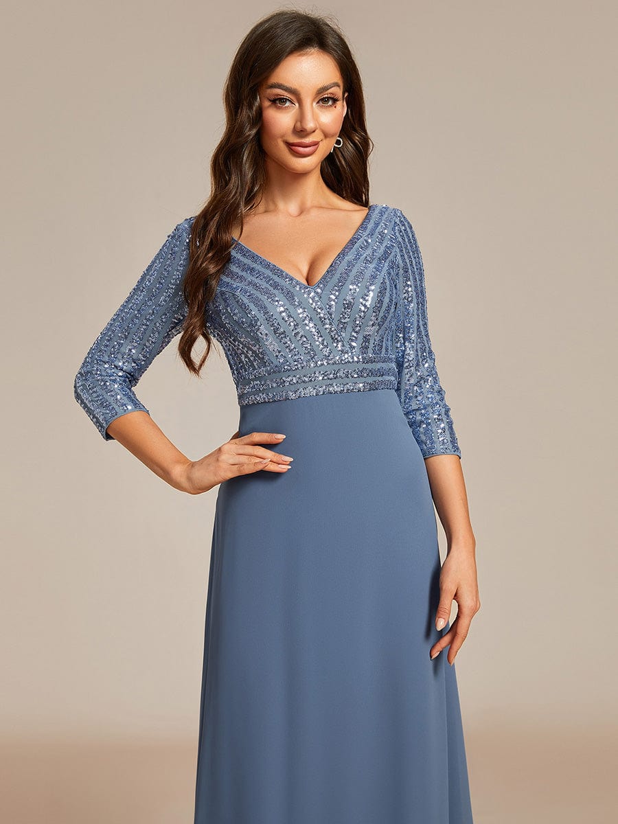 Sexy V Neck A-Line Sequin Evening Dresses with 3/4 Sleeve