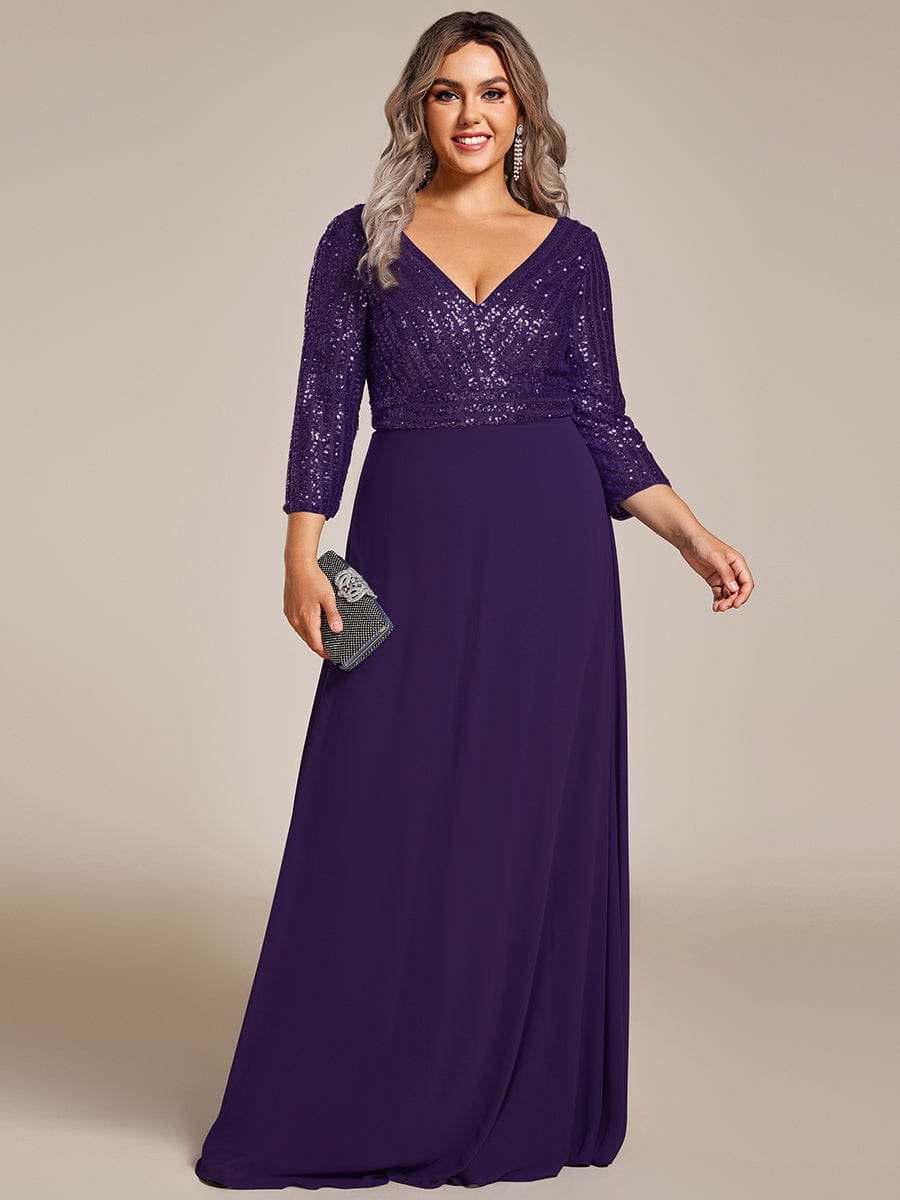 Plus Size Sexy V Neck A-Line Sequin Evening Dress with Sleeve