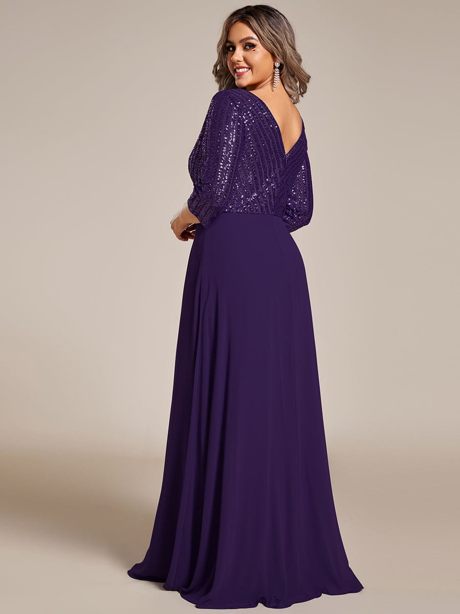 Plus Size Sexy V Neck A-Line Sequin Evening Dress with Sleeve