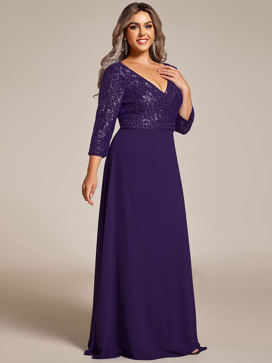 Plus Size Sexy V Neck A-Line Sequin Evening Dress with Sleeve