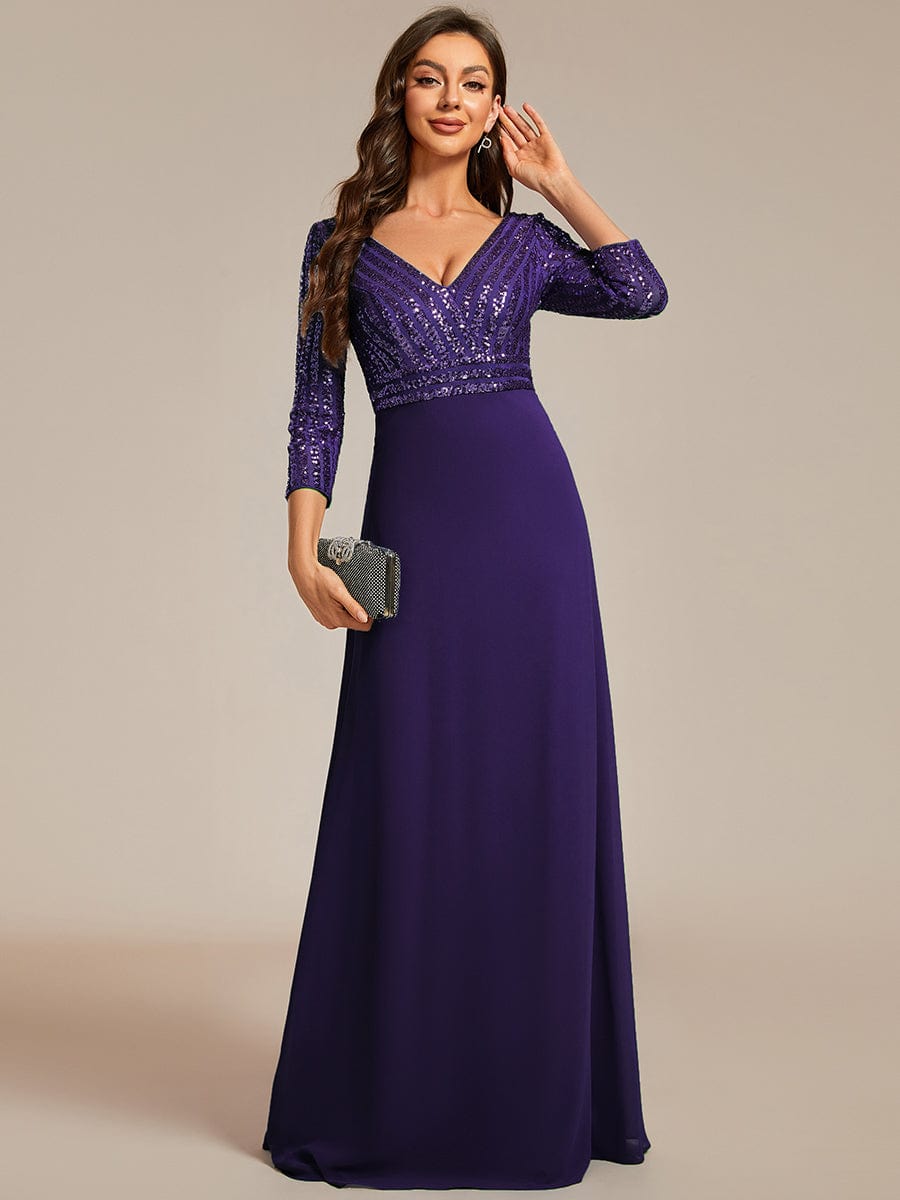 Sexy V Neck A-Line Sequin Evening Dresses with 3/4 Sleeve