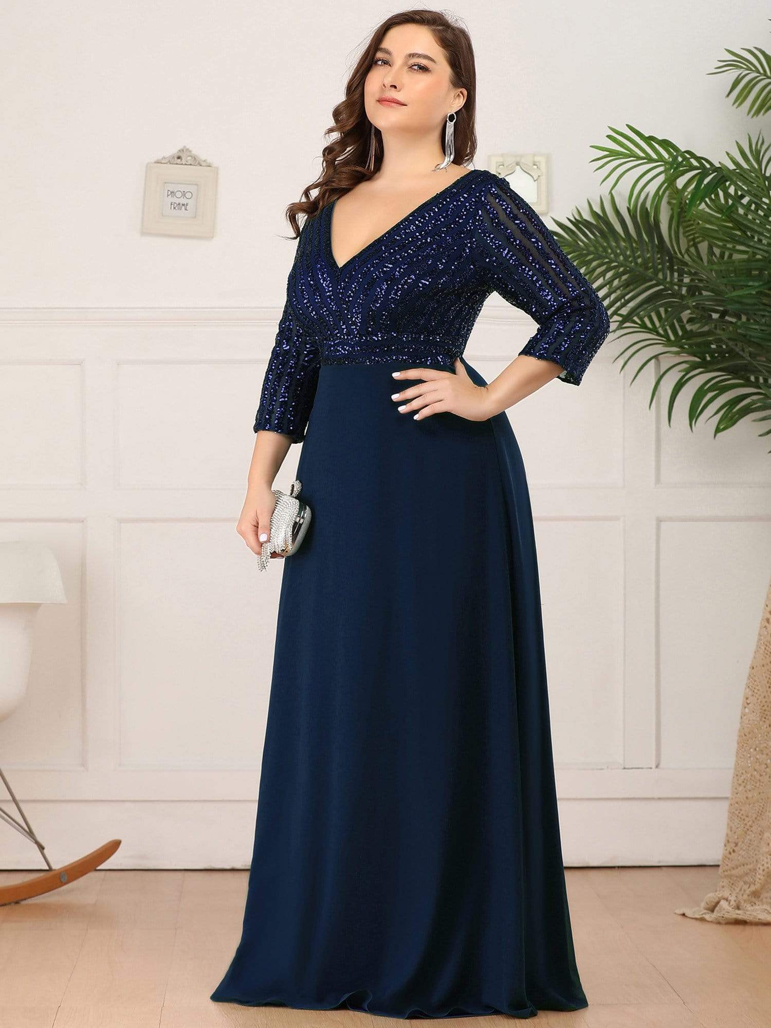 Custom Size Sexy V Neck A-Line Sequin Evening Dresses with 3/4 Sleeve