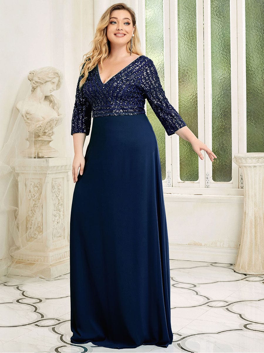 Plus Size Sexy V Neck A-Line Sequin Evening Dress with Sleeve