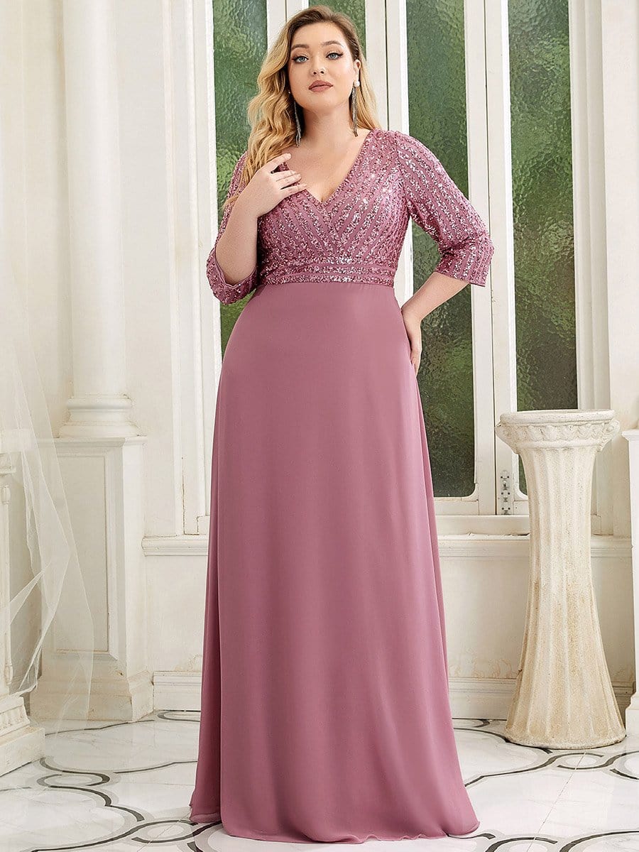 Sexy V Neck A-Line Sequin Evening Dresses with 3/4 Sleeve