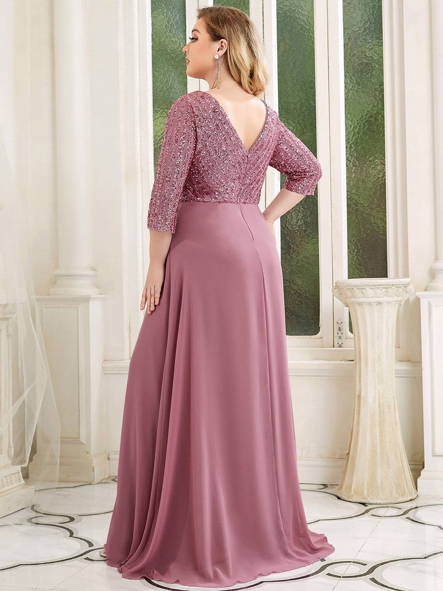 Sexy V Neck A-Line Sequin Evening Dresses with 3/4 Sleeve