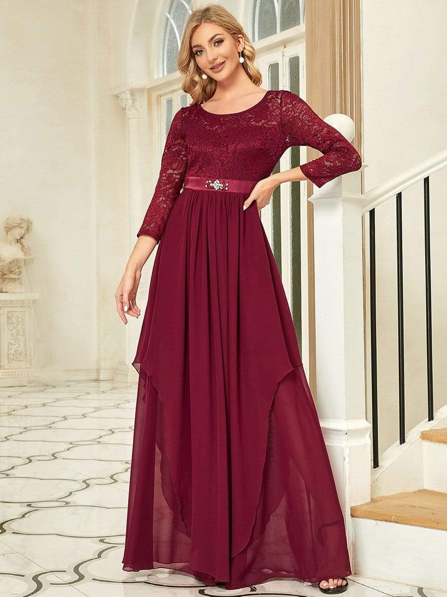 Elegant 3/4 Sleeve Floor Length Lace Evening Wedding Guest Dresses