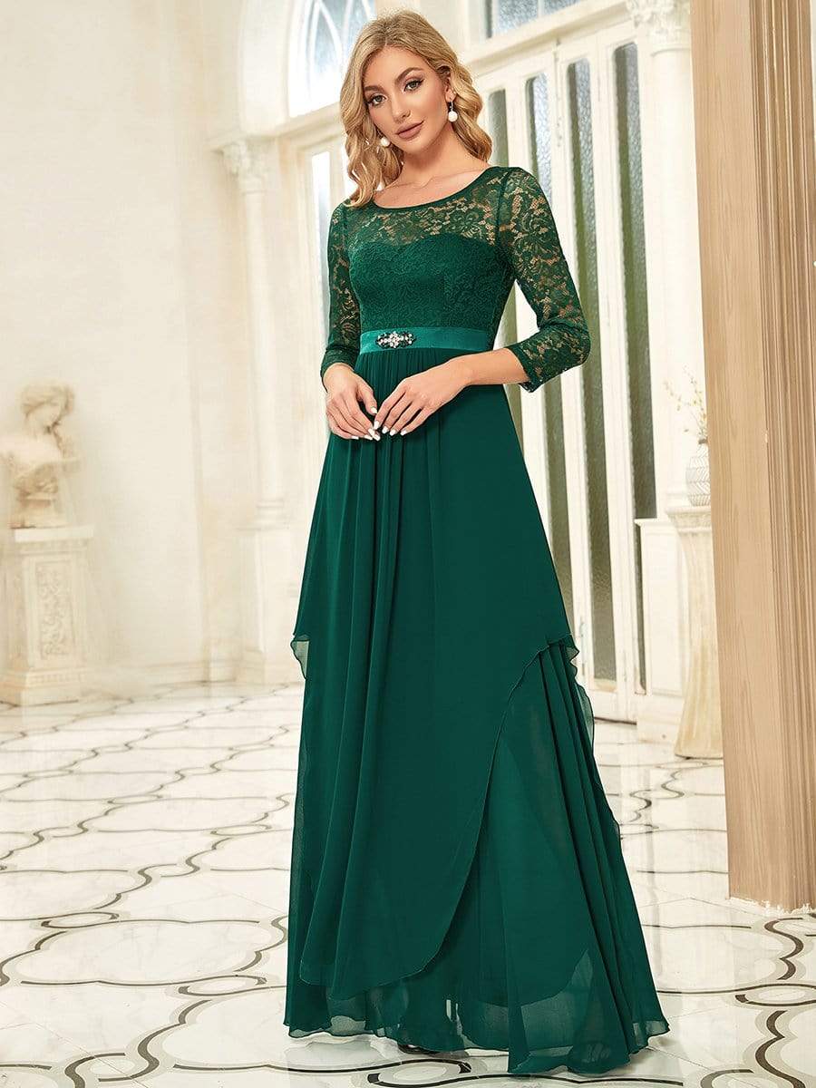 Elegant 3/4 Sleeve Floor Length Lace Evening Wedding Guest Dresses