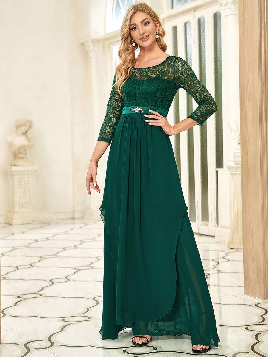 Elegant 3/4 Sleeve Floor Length Lace Evening Wedding Guest Dresses