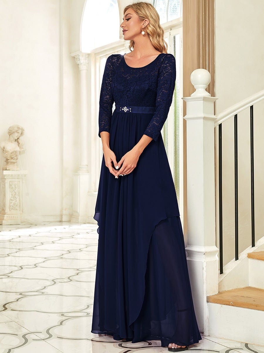 Elegant 3/4 Sleeve Floor Length Lace Evening Wedding Guest Dresses