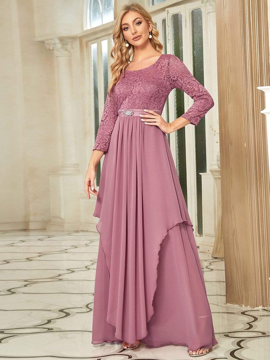 Elegant 3/4 Sleeve Floor Length Lace Evening Wedding Guest Dresses