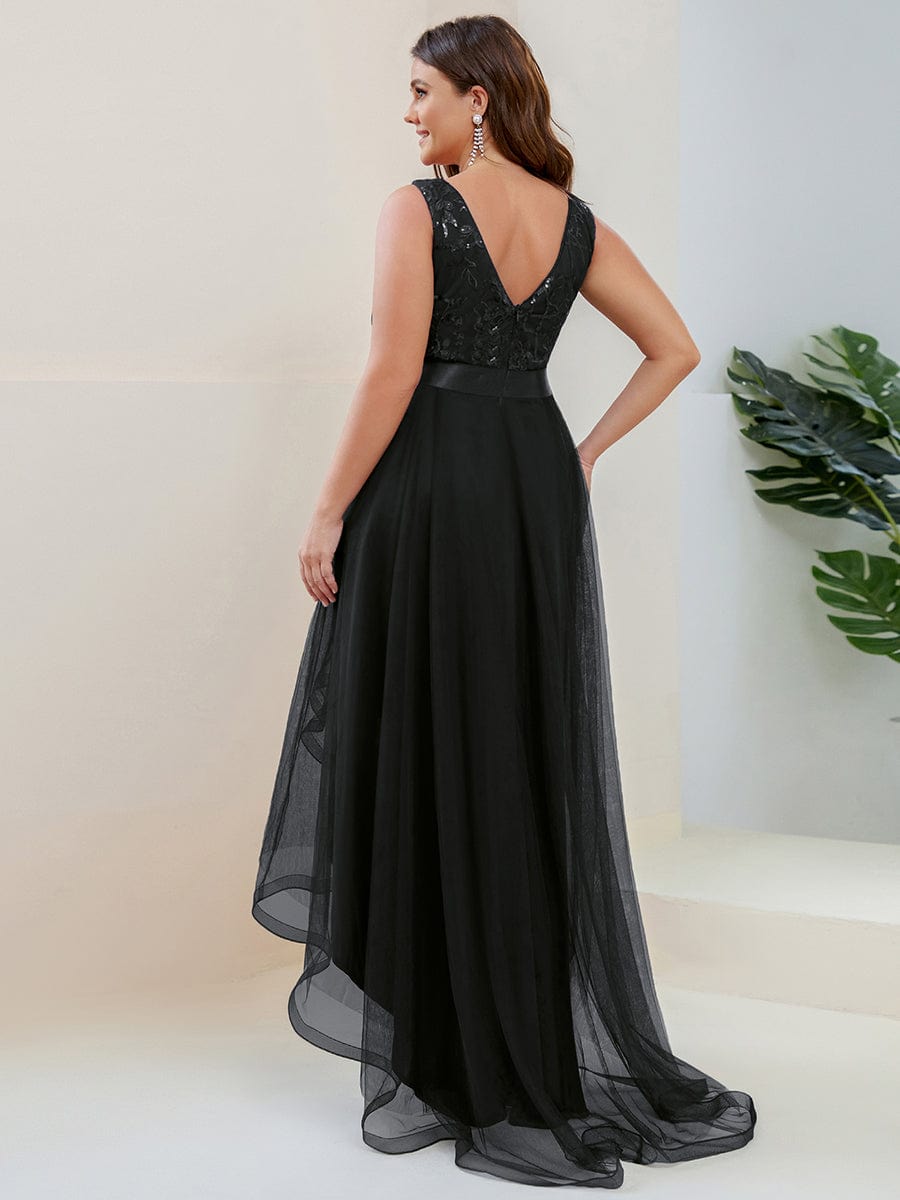 Plus Size High-Low Deep V Neck Tulle Evening Dresses with Sequins