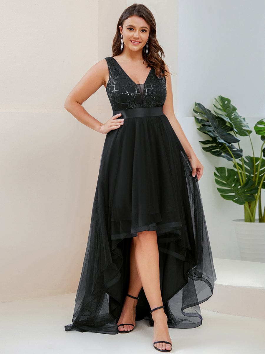 Plus Size High-Low Deep V Neck Tulle Evening Dresses with Sequins