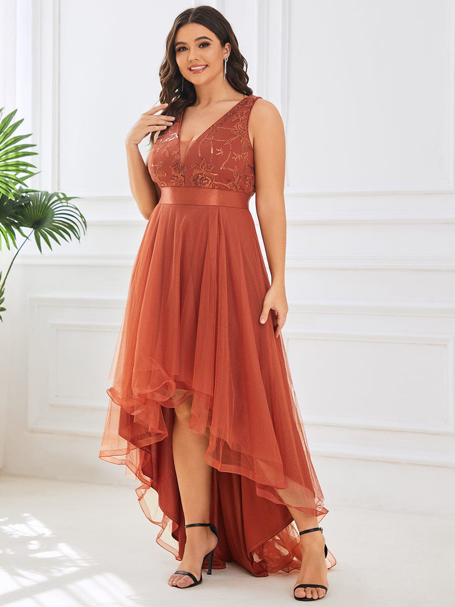 Plus Size High-Low Deep V Neck Tulle Evening Dresses with Sequins