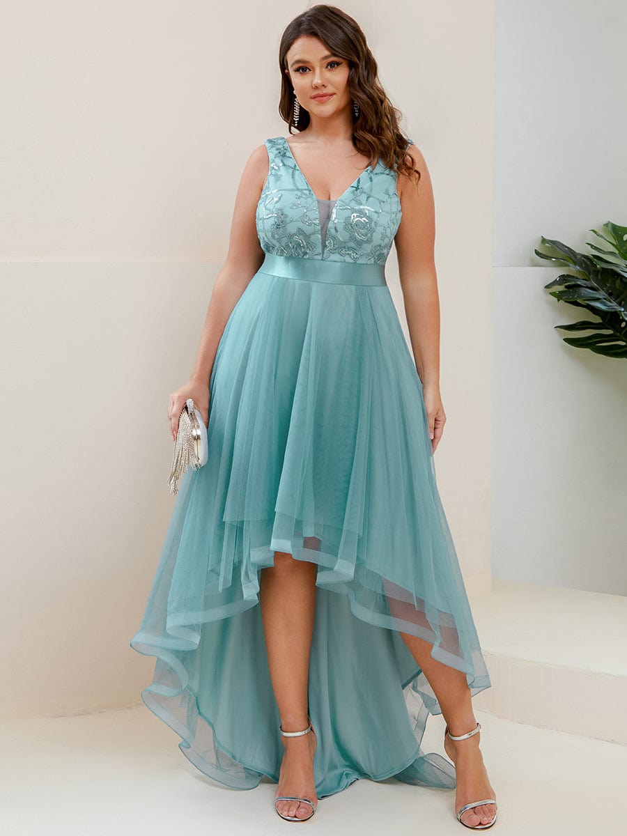 Custom Size Elegant High-Low Deep V Neck Tulle Evening Dresses with Sequins