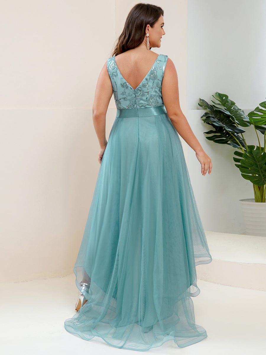 Custom Size Elegant High-Low Deep V Neck Tulle Evening Dresses with Sequins