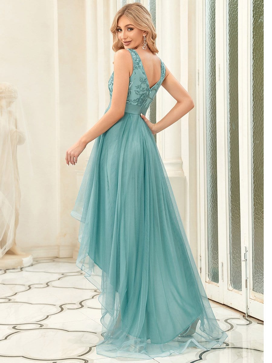 Elegant High-Low Deep V Neck Tulle Evening Dresses with Sequins