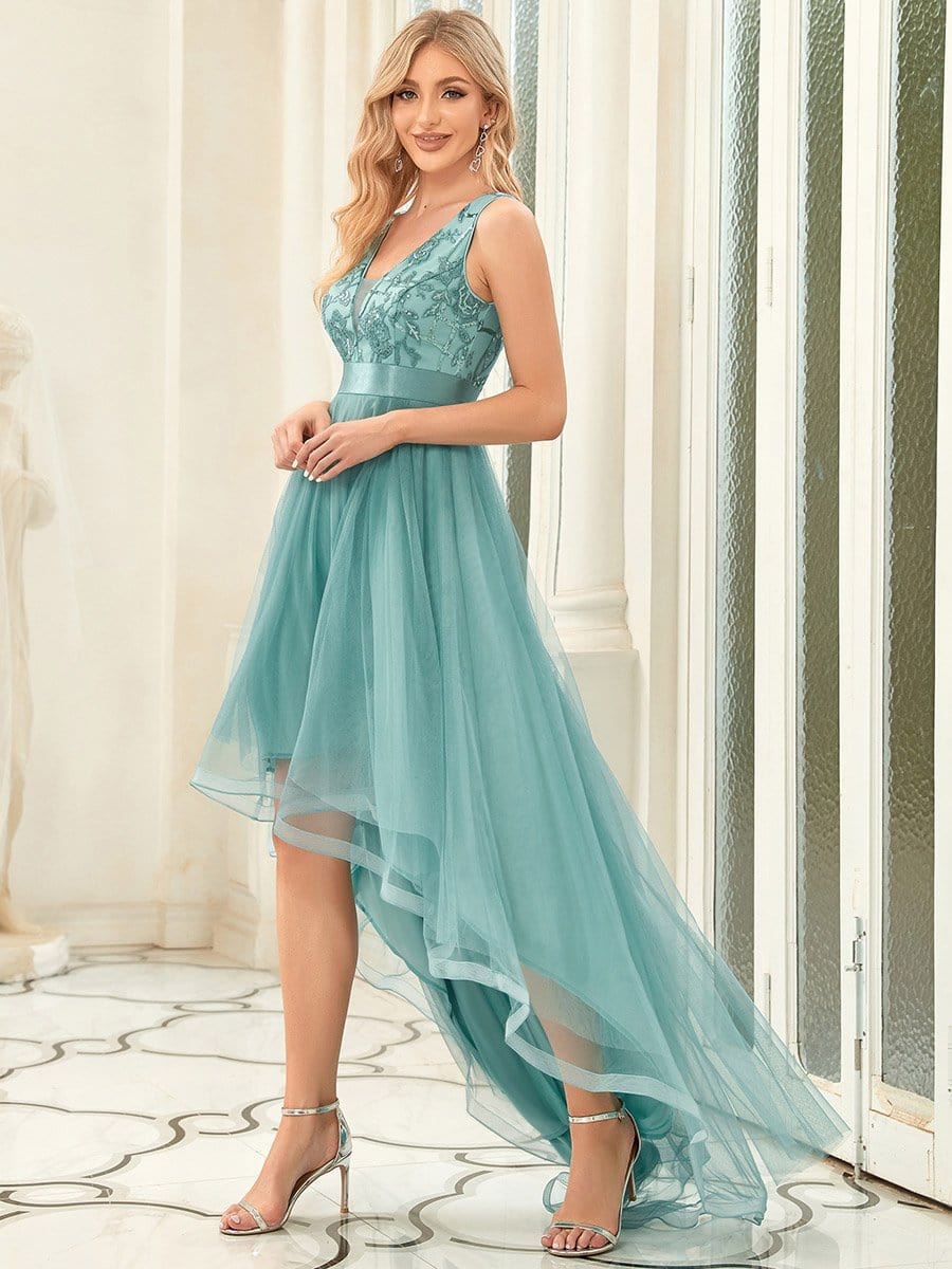 Fashion High-Low Deep V Neck Tulle Prom Dresses with Sequin Appliques