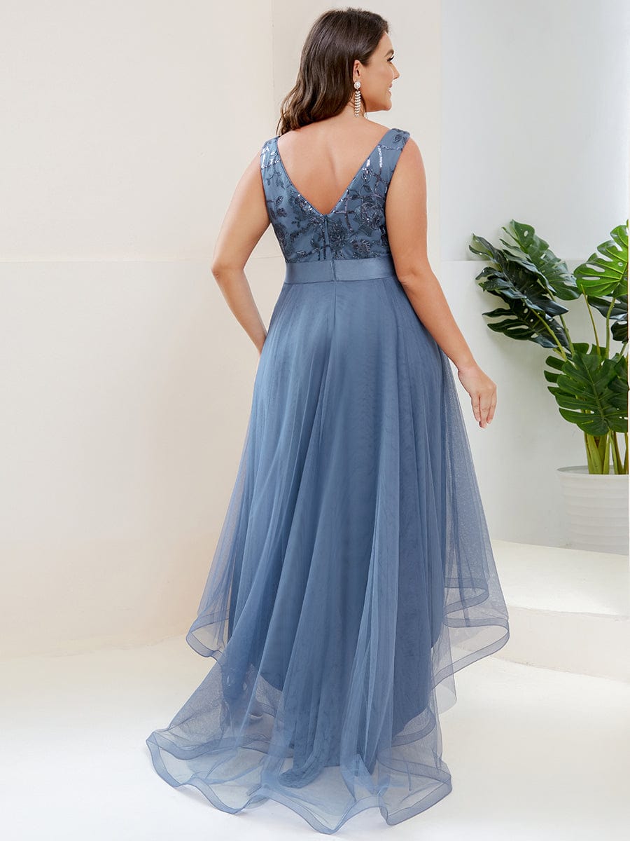 Plus Size High-Low Deep V Neck Tulle Evening Dresses with Sequins