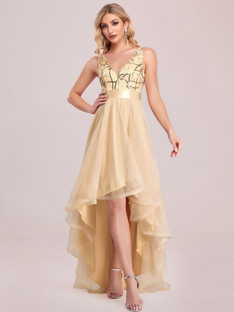 Elegant High-Low Deep V Neck Tulle Evening Dresses with Sequins