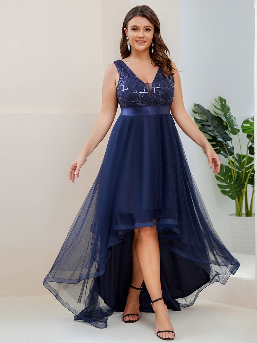 Plus Size High-Low Deep V Neck Tulle Evening Dresses with Sequins