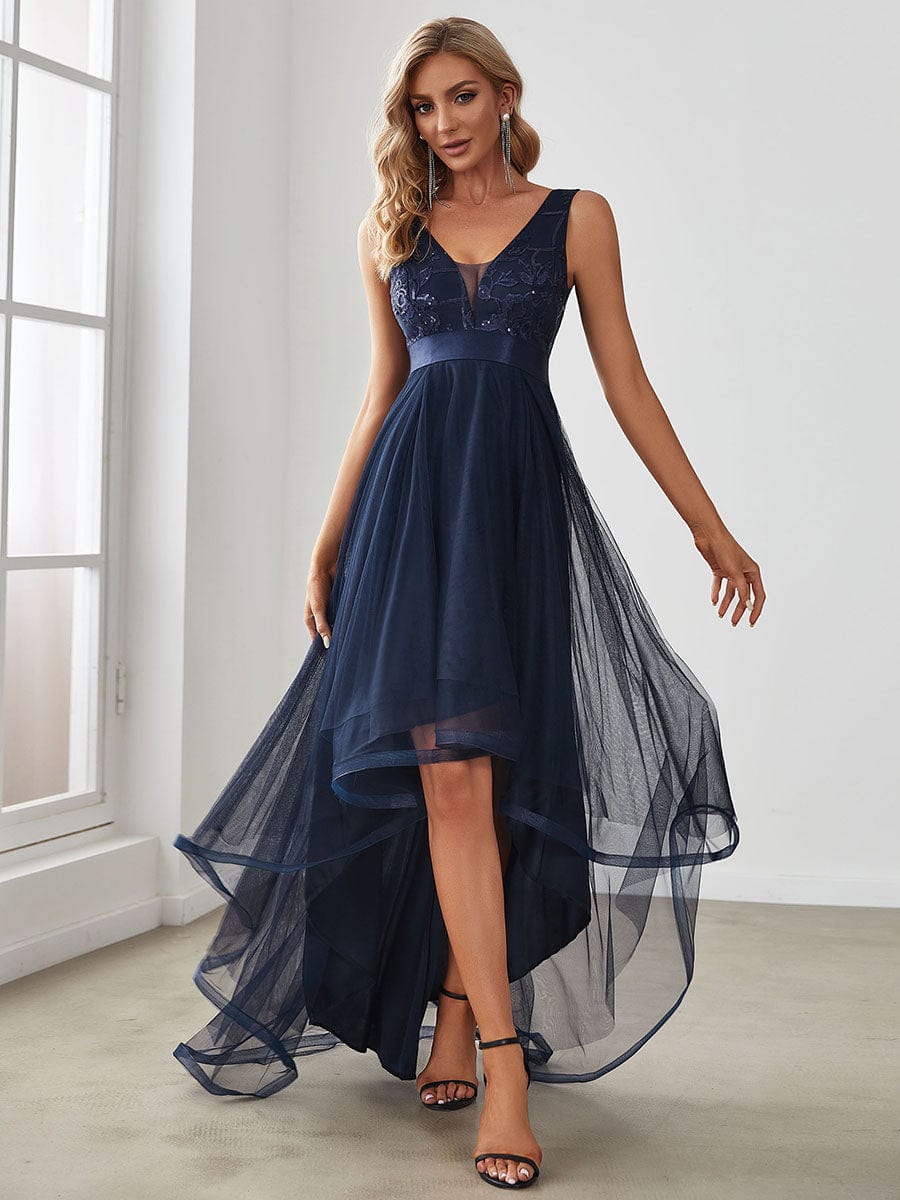 Custom Size Elegant High-Low Deep V Neck Tulle Evening Dresses with Sequins