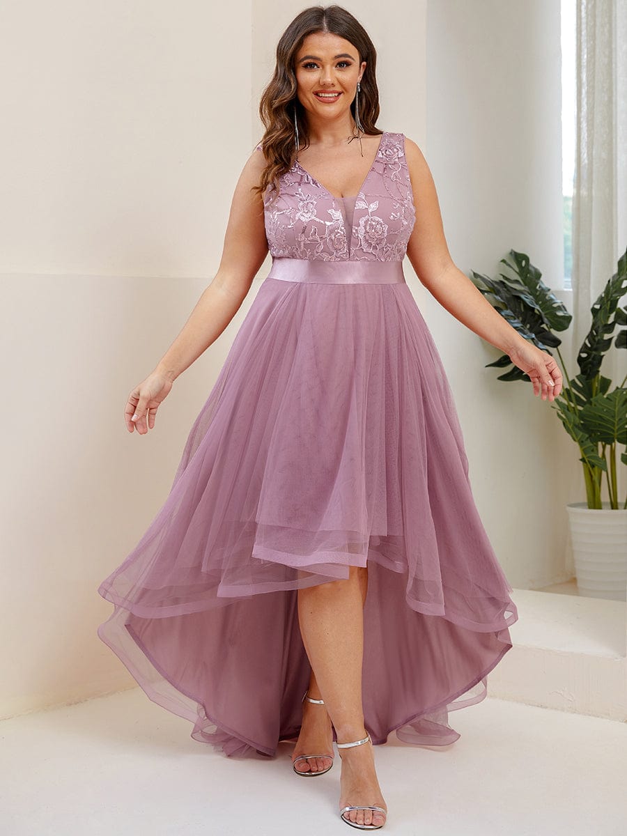 Plus Size High-Low Deep V Neck Tulle Evening Dresses with Sequins