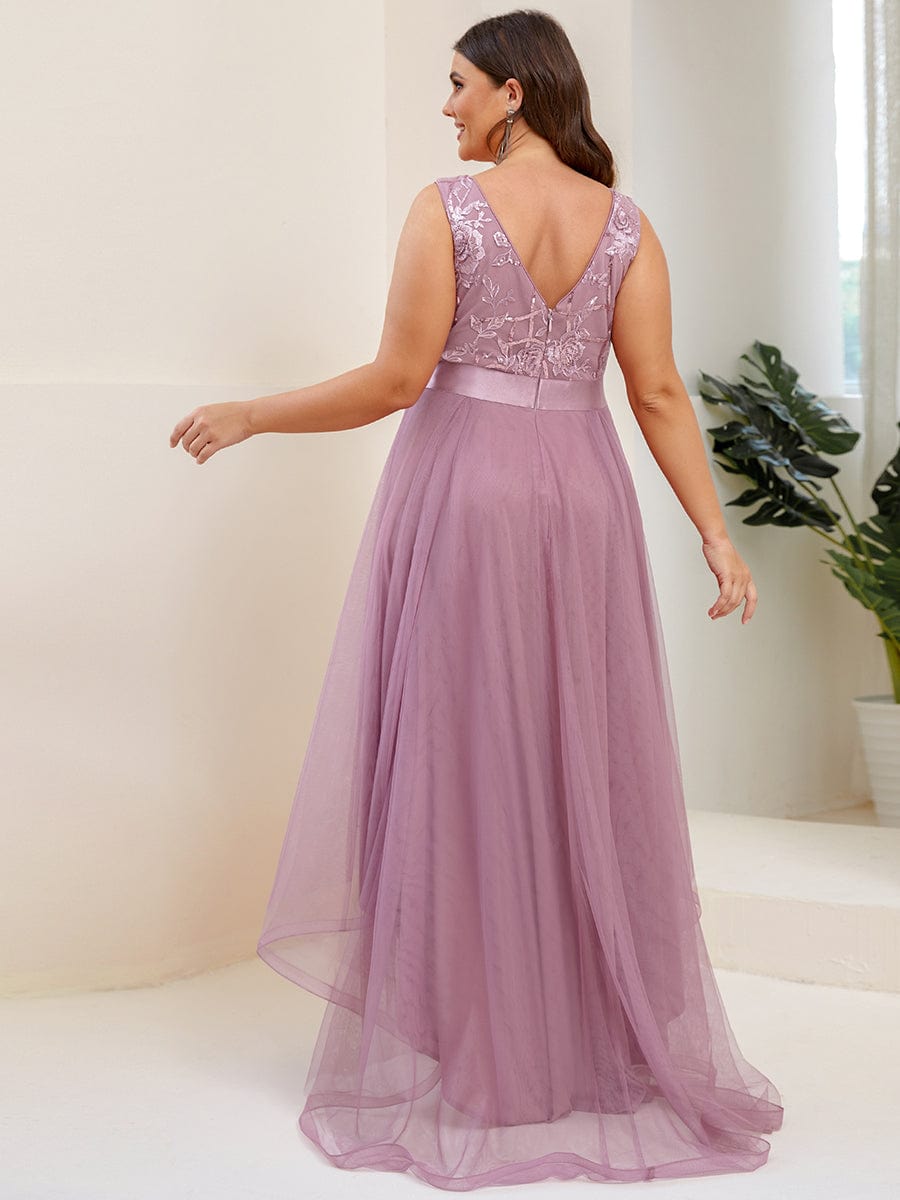 Elegant High-Low Deep V Neck Tulle Evening Dresses with Sequins