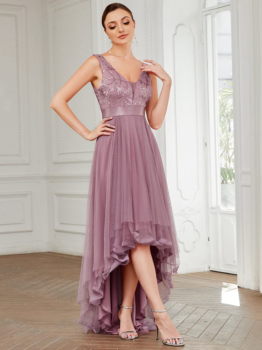 Custom Size Elegant High-Low Deep V Neck Tulle Evening Dresses with Sequins