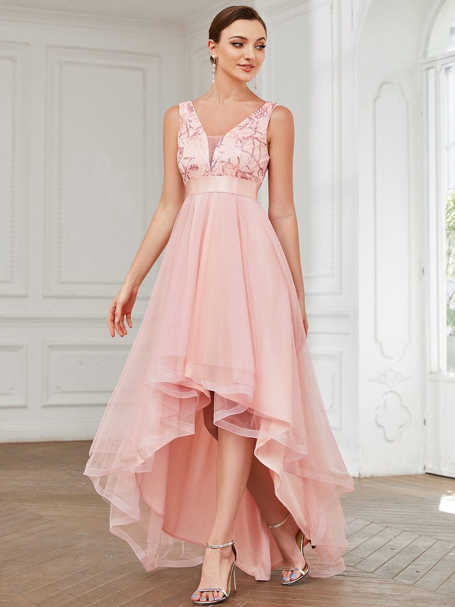 Elegant High-Low Deep V Neck Tulle Evening Dresses with Sequins