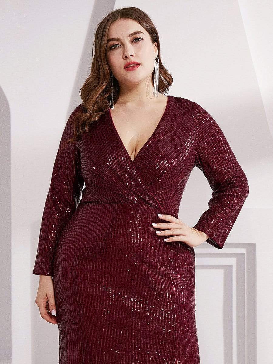 Shiny V Neck Plus Size Sequin Evening Party Dress with Long Sleeve