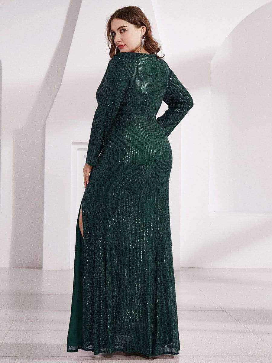 Shiny V Neck Sequin Evening Party Dress with Long Sleeve