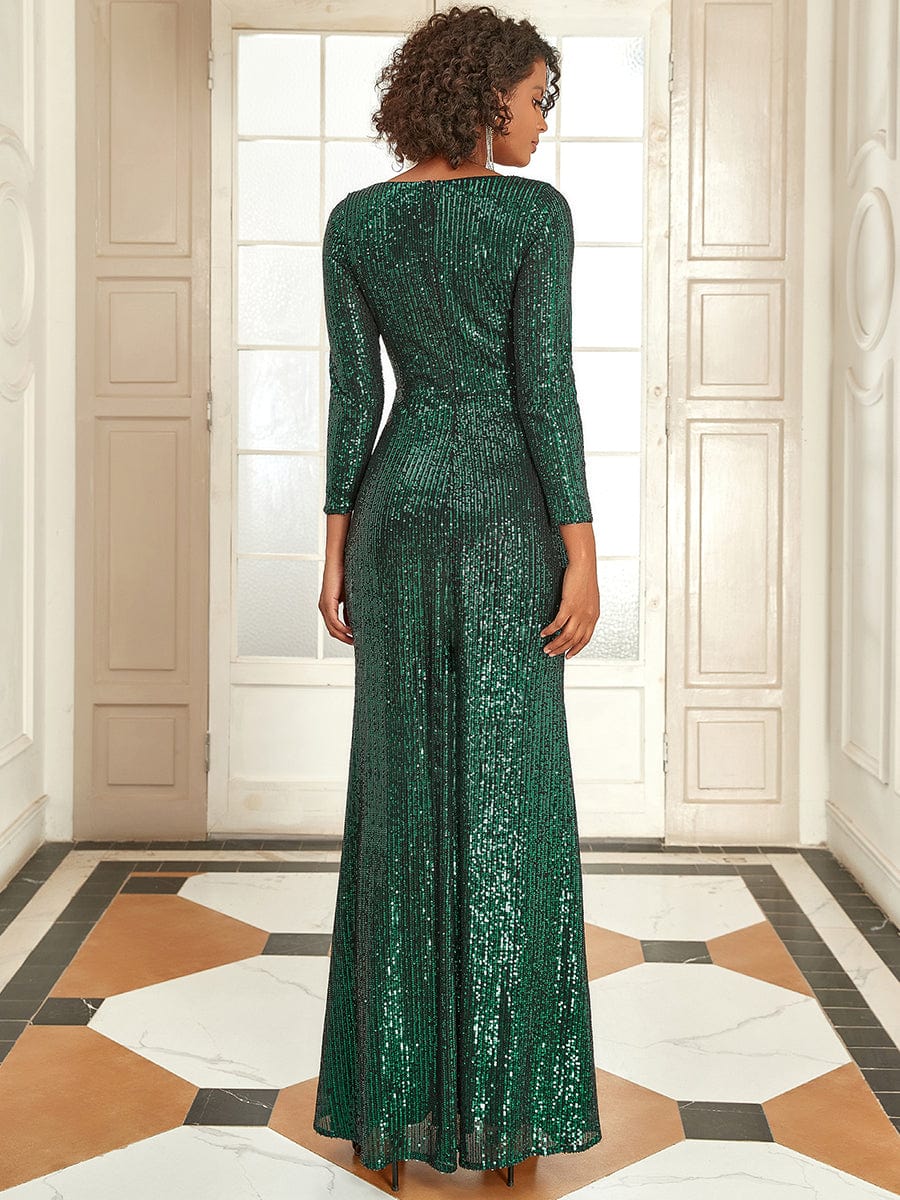 Shiny V Neck Sequin Evening Party Dress with Long Sleeve