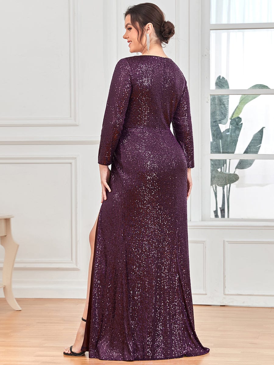 Shiny V Neck Plus Size Sequin Evening Party Dress with Long Sleeve